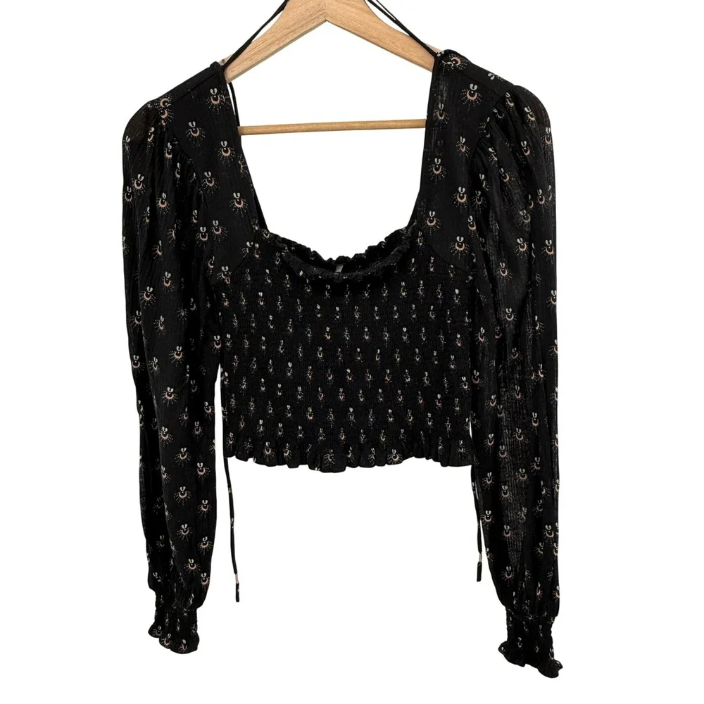 Free People‎ Smocked Celestial Crop Top Womens XS Black Moon Sun Long Sleeve EX